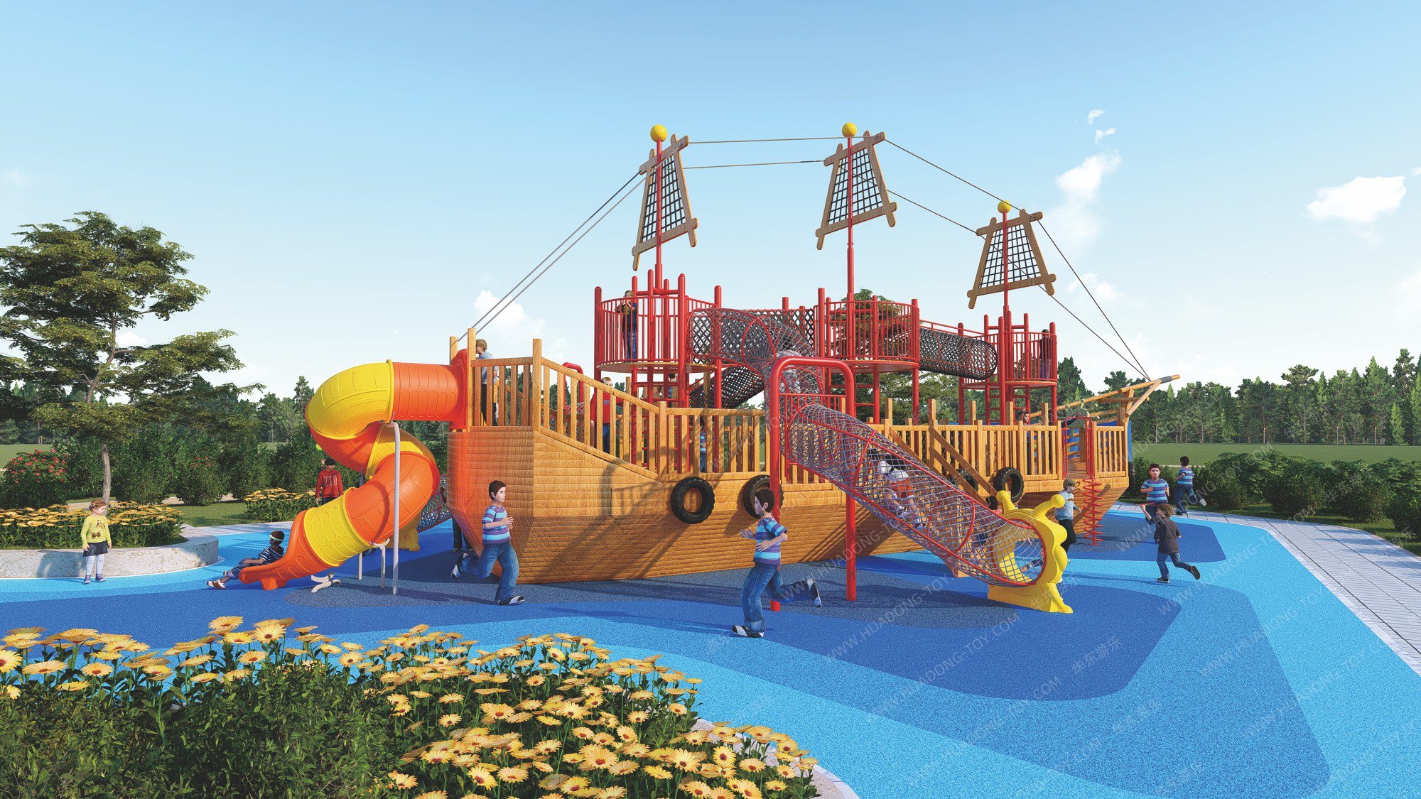 Wooden Pirate Ship HD-MHD006 - Children's Slide Slide Combination